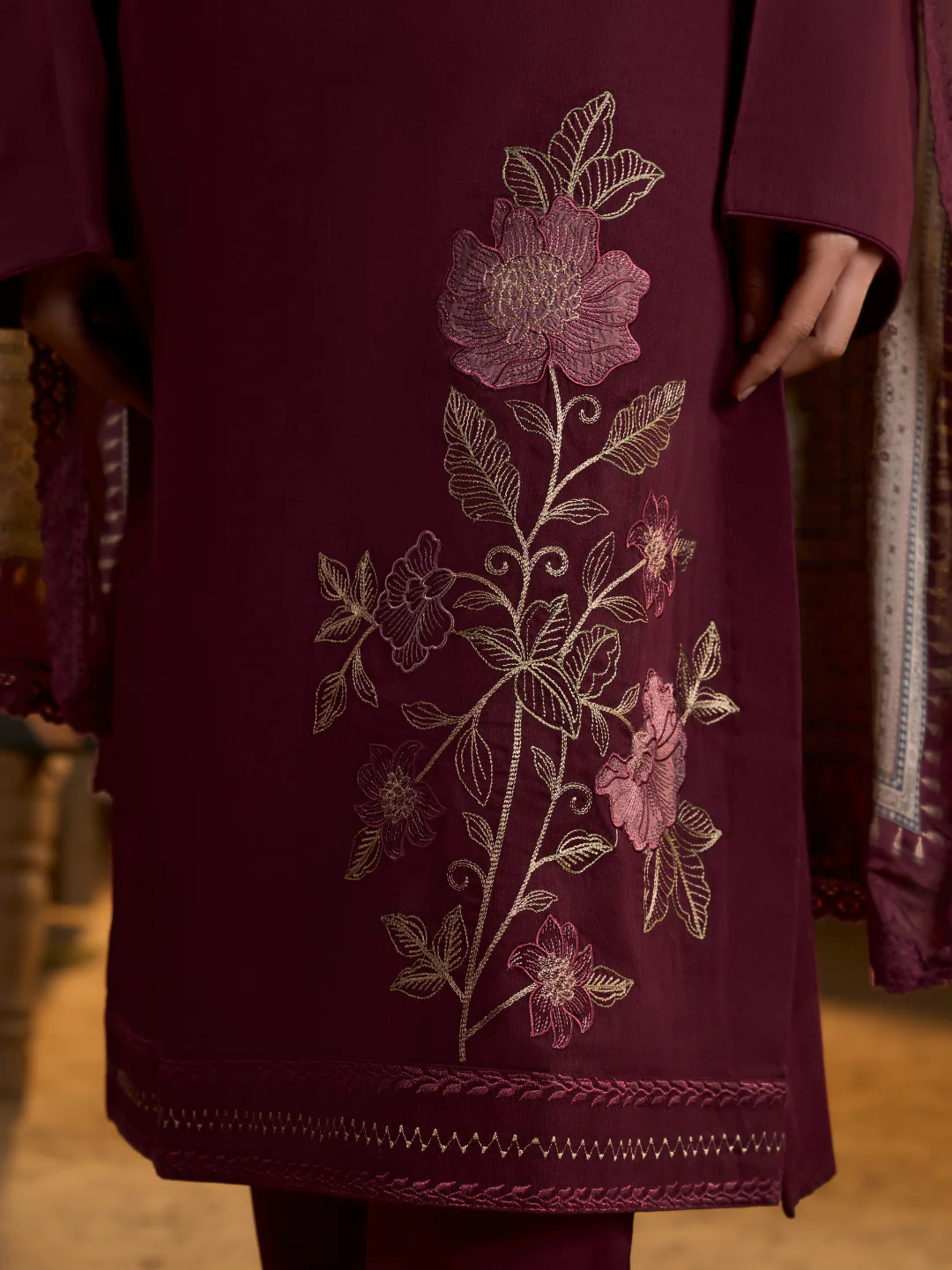 Tangerine Rust Printed Cottswool Embroidered Unstitched Suit Set